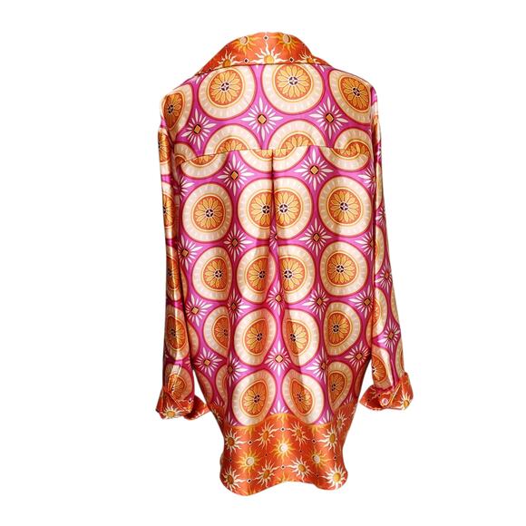 House of Harlow 1960 Button Down Tunic Top Shiny Retro Pink Orange Bold Sz M - Picture 8 of 14